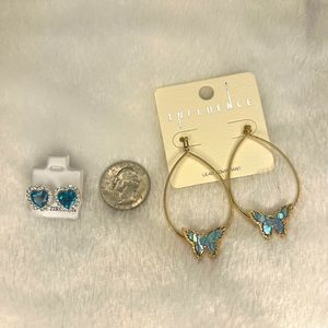 BEAUTIFUL HEART & GOLD DANGLE BUTTERFLY EARRINGS